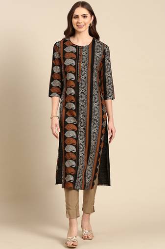 women's calf length round neck black paisley straight kurta