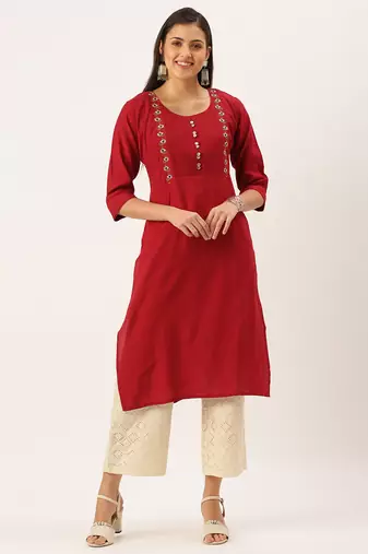 Showoff women's calf length round neck maroon solid straight kurta