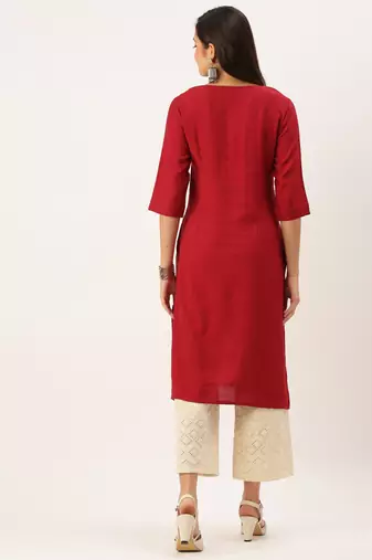 Showoff women's calf length round neck maroon solid straight kurta