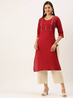 Showoff women's calf length round neck maroon solid straight kurta 5