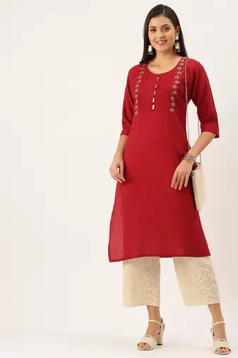 Showoff women's calf length round neck maroon solid straight kurta