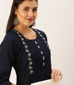 women's calf length round neck navy blue solid straight kurta