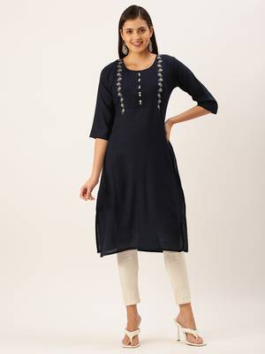 women's calf length round neck navy blue solid straight kurta 2