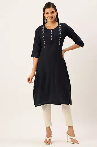 women's calf length round neck navy blue solid straight kurta