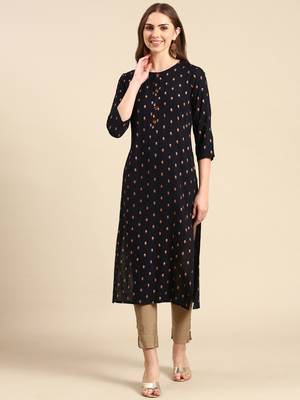 Showoff women's calf length round neck navy blue geometric straight kurta 1