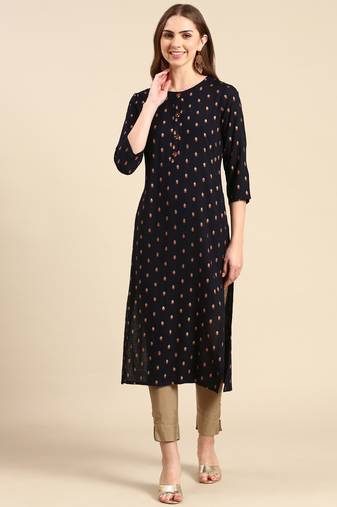 Showoff women's calf length round neck navy blue geometric straight kurta