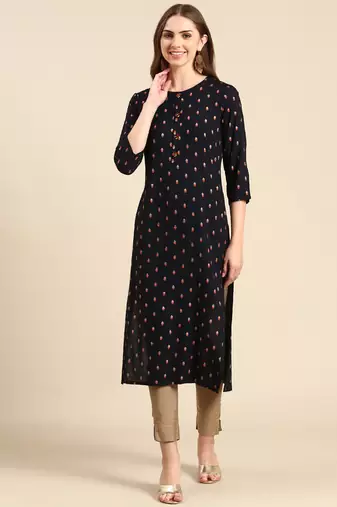 Showoff women's calf length round neck navy blue geometric straight kurta