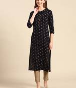 Showoff women's calf length round neck navy blue geometric straight kurta