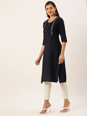 women's calf length round neck navy blue solid straight kurta 3