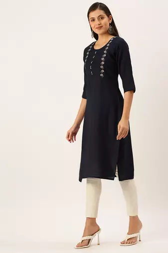women's calf length round neck navy blue solid straight kurta