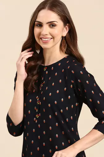 Showoff women's calf length round neck navy blue geometric straight kurta