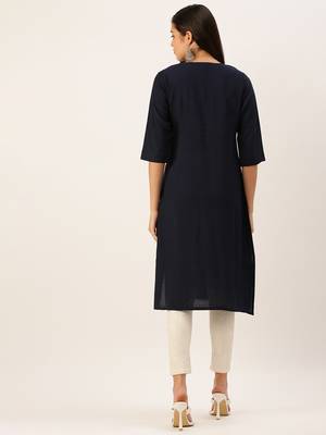 women's calf length round neck navy blue solid straight kurta 4