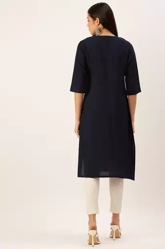 women's calf length round neck navy blue solid straight kurta