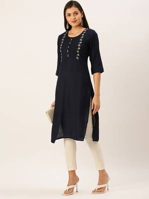women's calf length round neck navy blue solid straight kurta 5
