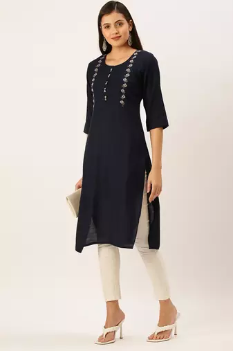 women's calf length round neck navy blue solid straight kurta