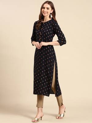 Showoff women's calf length round neck navy blue geometric straight kurta 4