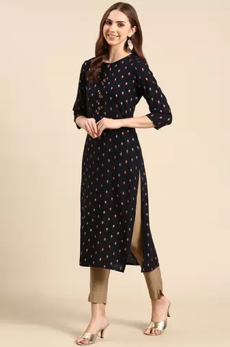 Showoff women's calf length round neck navy blue geometric straight kurta