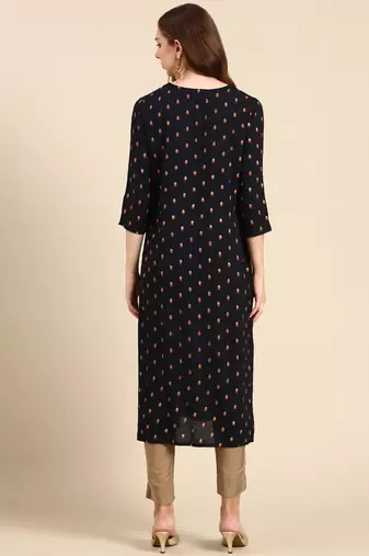 Showoff women's calf length round neck navy blue geometric straight kurta