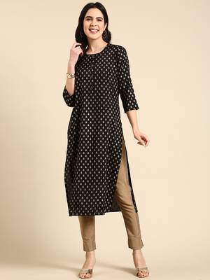 women's calf length round neck black floral straight kurta 1