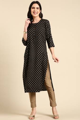 women's calf length round neck black floral straight kurta