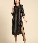 women's calf length round neck black floral straight kurta