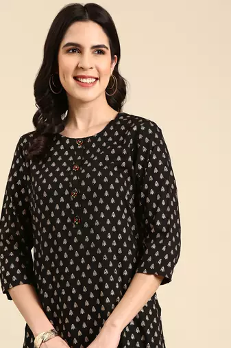 women's calf length round neck black floral straight kurta