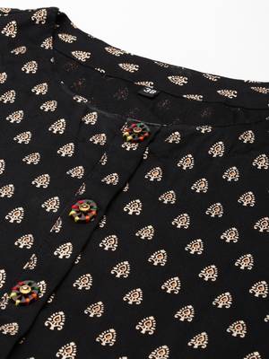 women's calf length round neck black floral straight kurta 3