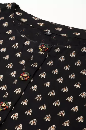 women's calf length round neck black floral straight kurta