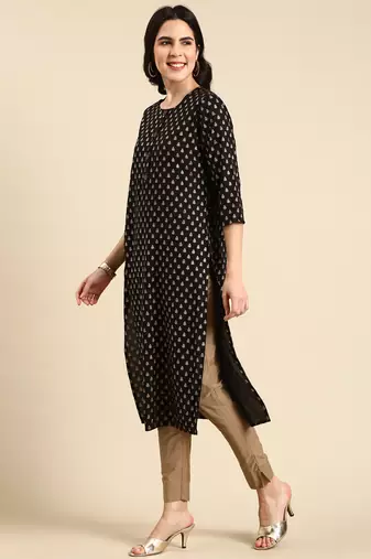 women's calf length round neck black floral straight kurta