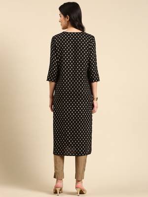 women's calf length round neck black floral straight kurta 5