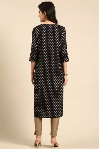 women's calf length round neck black floral straight kurta