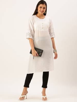 women's calf length round neck white solid straight kurta 1