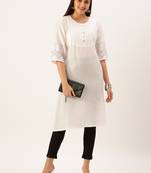 women's calf length round neck white solid straight kurta