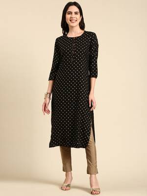 women's calf length round neck black floral straight kurta 1