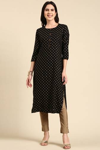 women's calf length round neck black floral straight kurta
