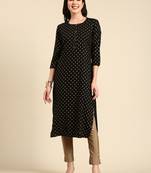 women's calf length round neck black floral straight kurta