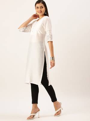 women's calf length round neck white solid straight kurta 2