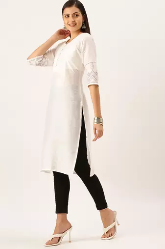 women's calf length round neck white solid straight kurta