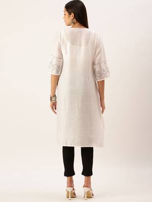 women's calf length round neck white solid straight kurta 3