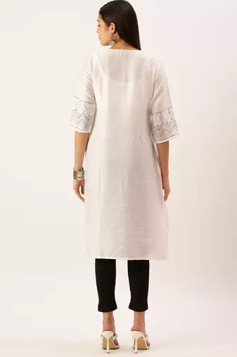 women's calf length round neck white solid straight kurta