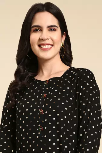 women's calf length round neck black floral straight kurta