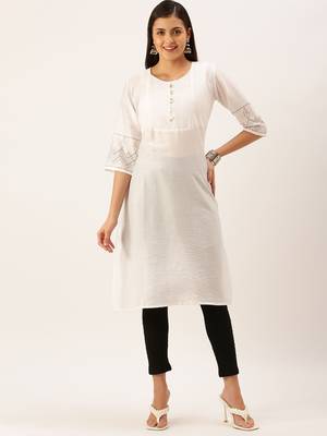 women's calf length round neck white solid straight kurta 4