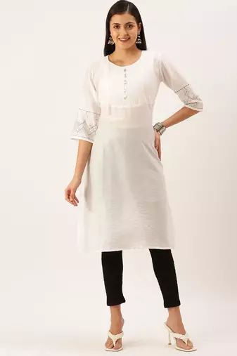 women's calf length round neck white solid straight kurta