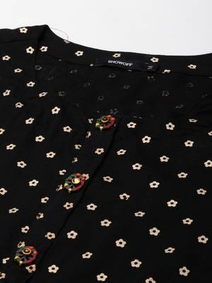 women's calf length round neck black floral straight kurta 3