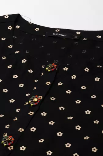 women's calf length round neck black floral straight kurta