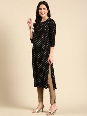 women's calf length round neck black floral straight kurta 4