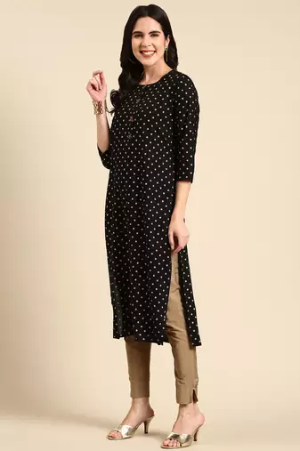 women's calf length round neck black floral straight kurta
