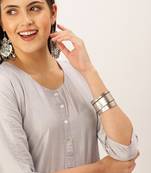 women's calf length round neck grey solid straight kurta