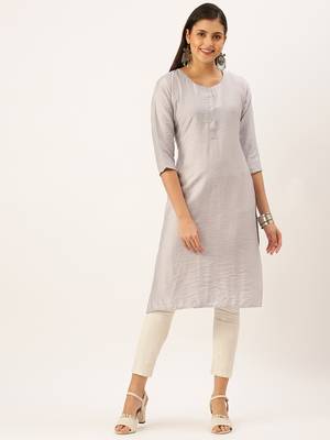 women's calf length round neck grey solid straight kurta 2