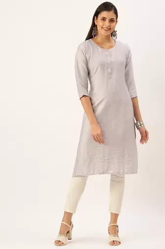 women's calf length round neck grey solid straight kurta